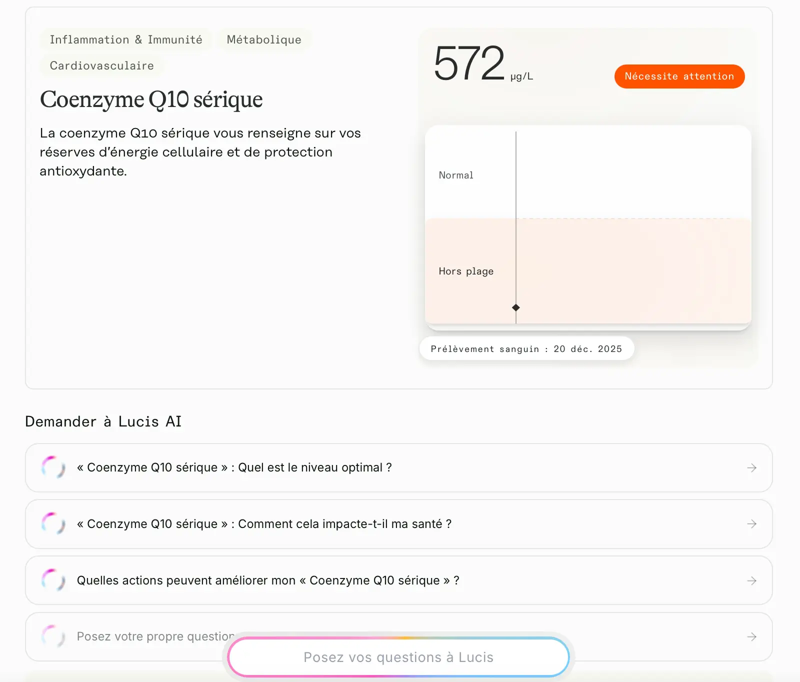 Analyse détaillée d'un biomarqueur hors plage sur la plateforme Lucis